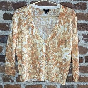 Talbots Medium Petite Orange Floral Half‎ Sleeve V-Neck Wool Cardigan Sweater